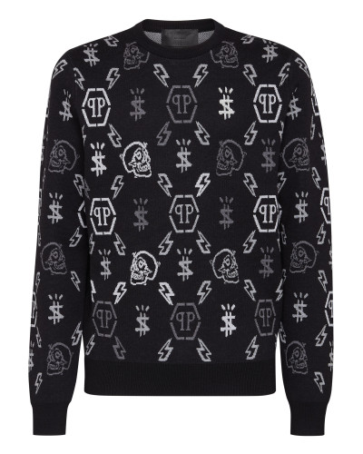 Merino wool Pullover Round Neck LS Jacquard Monogram