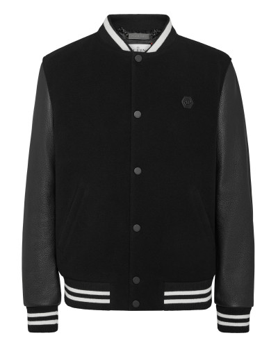 College Bomber with Deer Leather Sleeves Skull strass