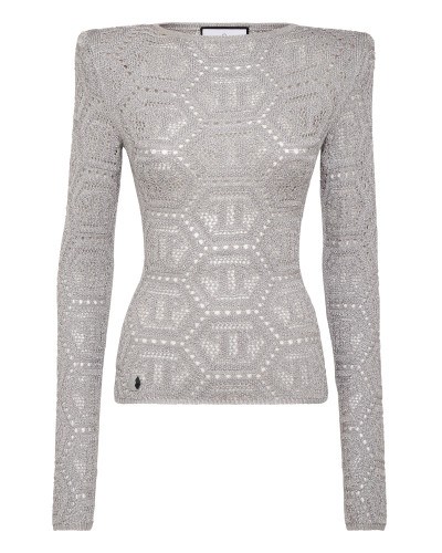 Lurex Padded Shoulder Sweater Hexagon
