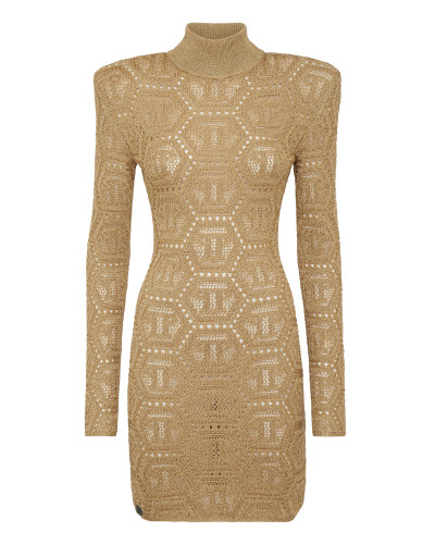 Lurex Padded Shoulder Mini Dress Hexagon