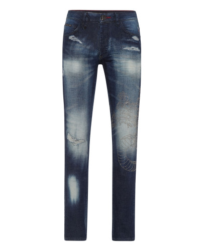 Denim Trousers Super Straight Cut Dragon Strass