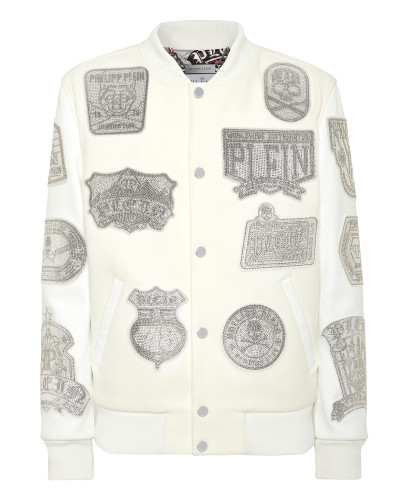 Crystal College Bomber With Leather Sleeves Patches