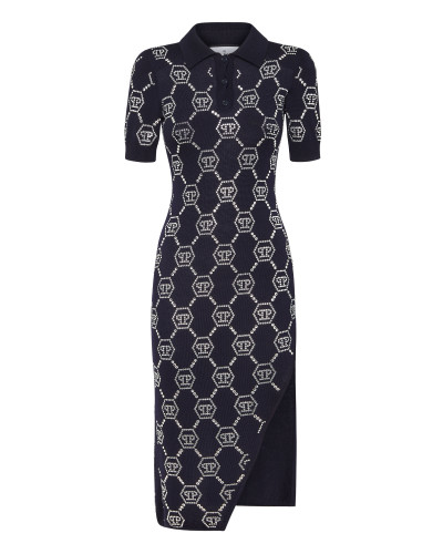 Knitted Strass Polo Dress With Padded Shoulders Monogram