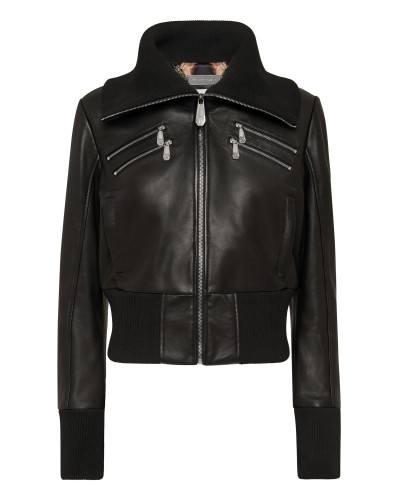 Leather Jacket With Knitted Collar