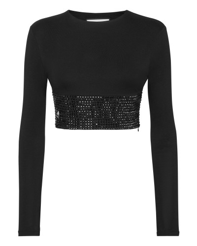 Strass Cropped T-shirt Round Neck LS