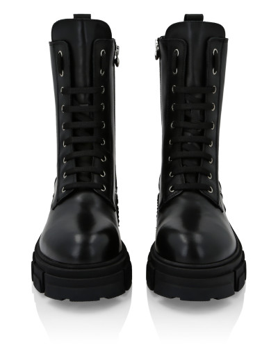 Calf Skin Leather Boots Mid Flat Hexagon