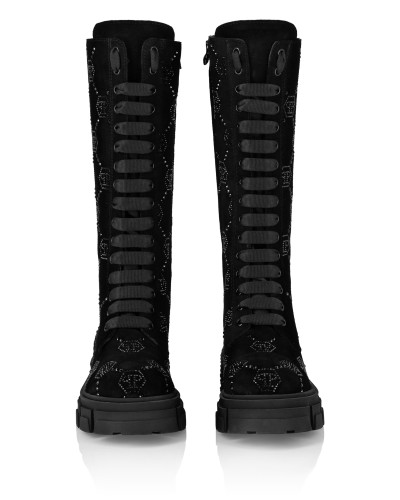 Suede Boots Flat High Strass Monogram