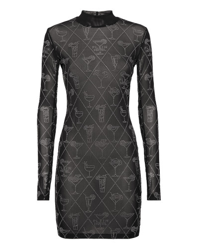 Tulle Long-Sleeved Mini Dress Cocktails Crystal