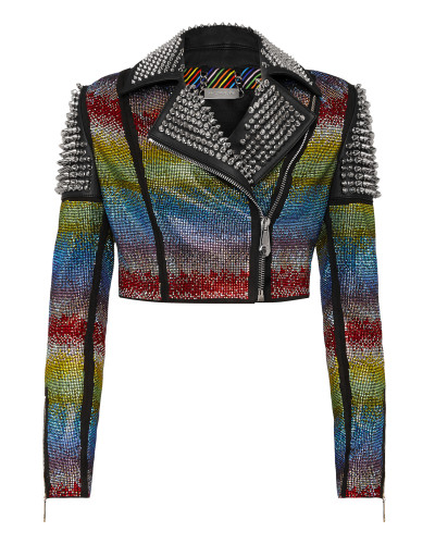 Leather Biker Rainbow Crystal
