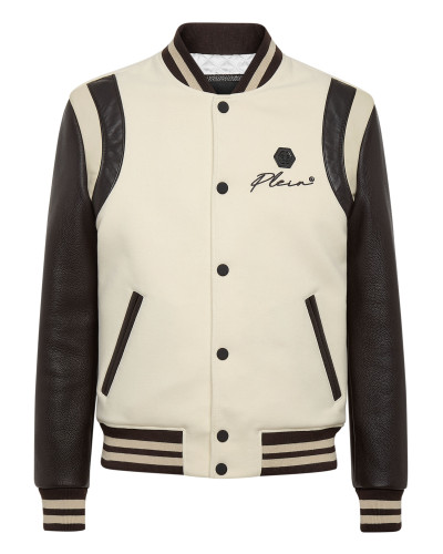Slim Cut Wool And Leather Bomber Embroidery