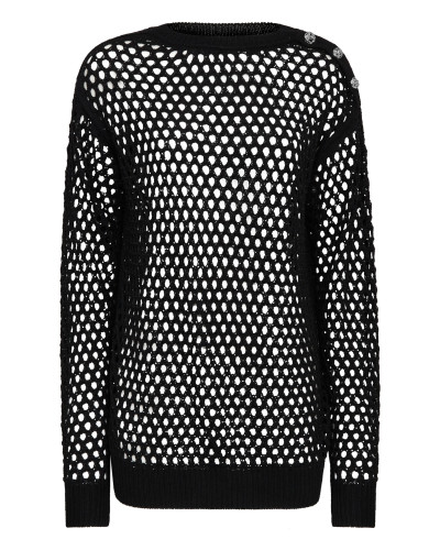 Cashmere 5 Pullover Round Neck LS Fishnet Crystal