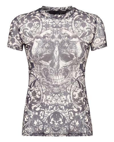 T-Shirt Round Neck SS Stretch Printed Tulle New Baroque