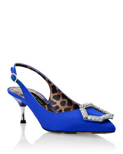 Satin Decollete Slingback Low Heels Crystal Hexagon