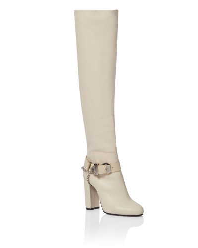 Leather Boots High Heels High Embossed Hexagon