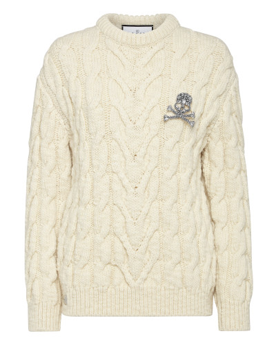 Wool Cable Knit Pullover Brooch