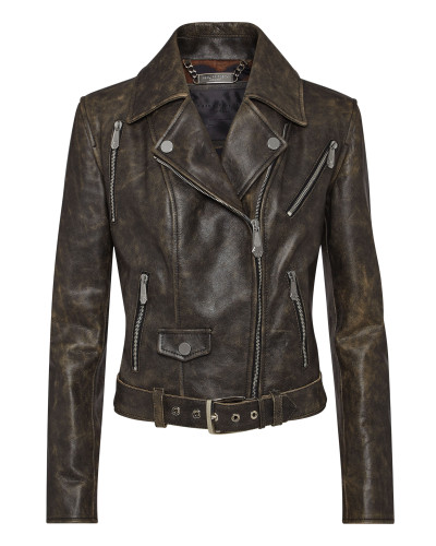 Shoulder Padded Leather Biker Jacket