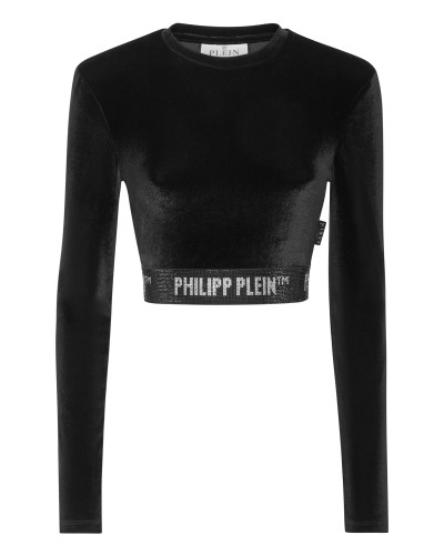 Long-sleeve Padded Shoulder Cropped Top Crystal