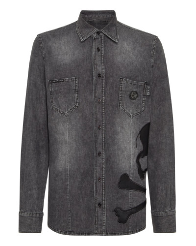 Denim Shirt WIth Vintage Washed Leather Patch Skull