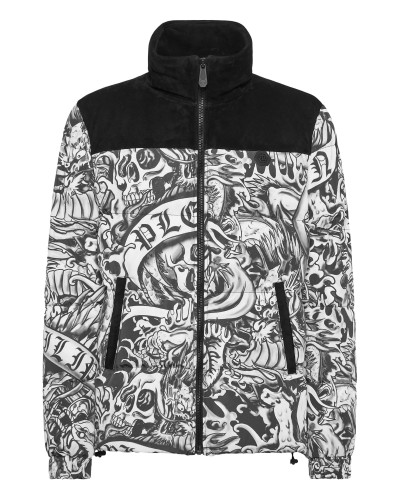 Nylon Puffer Jacket With Leather Inserts Tattoo