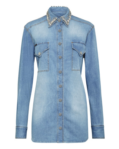 Crystal Collar Denim Shirt LS