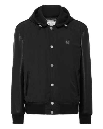 Nylon & Leather Varsity Bomber Hooded Jacket