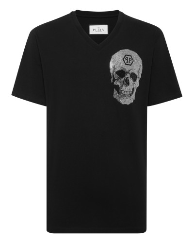 V Neck Heavy Cotton T-Shirt Crystal Skull