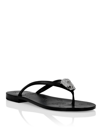 Leather Flip Flop Crystal Skull