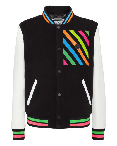 Woolen Cloth College Bomber with Leather Arms Rainbow Stripes