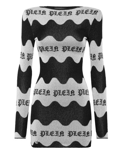 Jacquard Lurex Padded Shoulder Mini Dress Waves