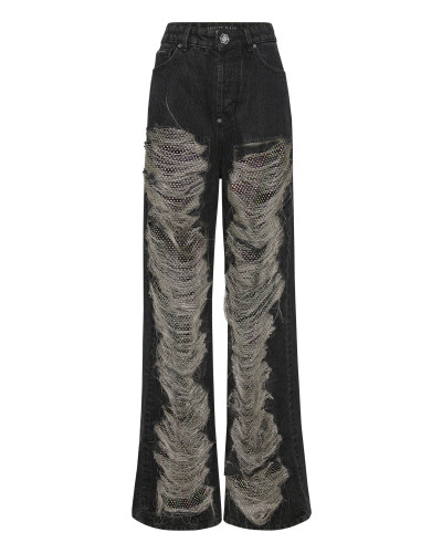 Mesh Strass Denim Trousers Skater Fit Ripped