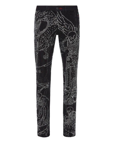 Denim Trousers Super Straight Cut Strass Skeleton tattoo with Crystals