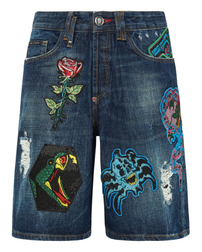 Denim Capri Shorts Destroyed Tattoo Patches