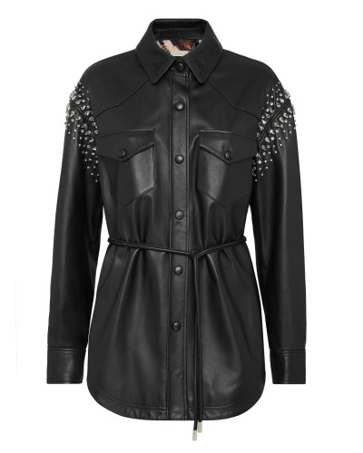 Leather Shirt Dress with Crystals