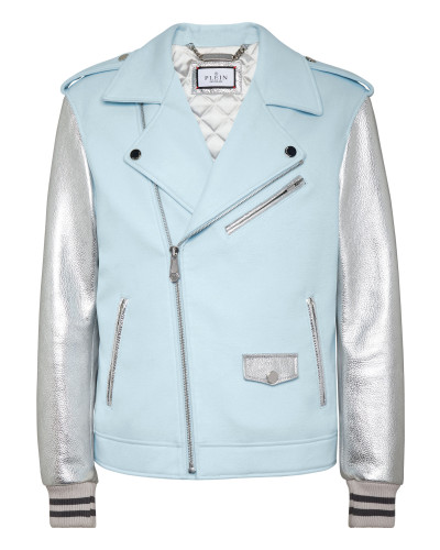 Woolen Cloth Biker with Leather Arms Graphic Plein