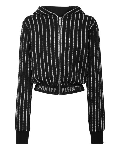 Cropped Hoody Sweatjacket with Crystals Crystal Pinstripe