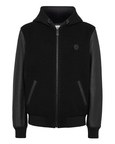 Hoodie Sweatjacket With Leather Sleeves Skull&Bones