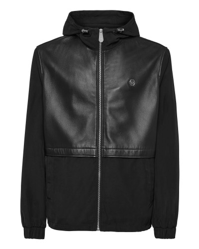 Nylon/Leather Hooded Jacket LS