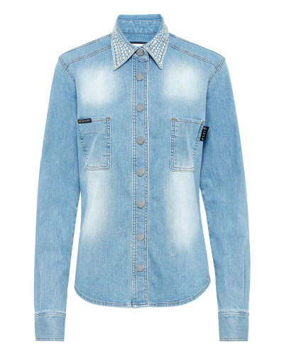 Denim Shirt Long-Sleeve With Crystal Collar