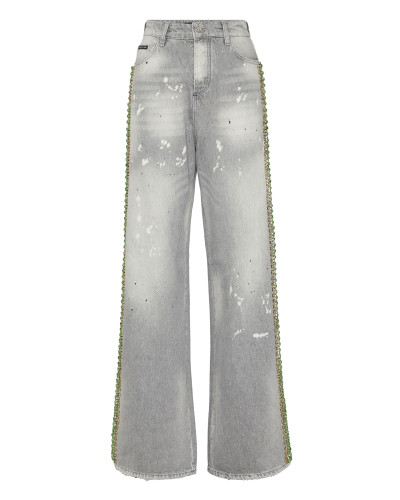 Denim Skater Fit Trousers Rib Strass