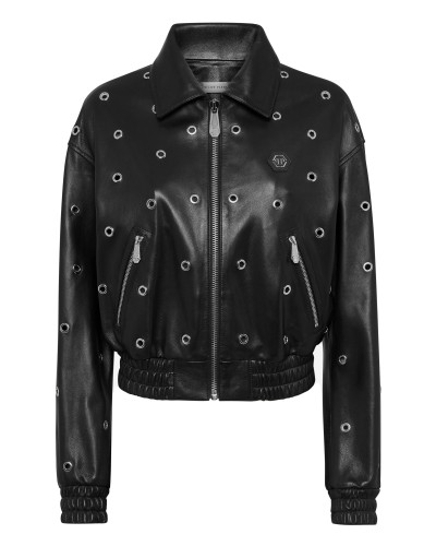 Leather Eyelet Bomber Jacket LS