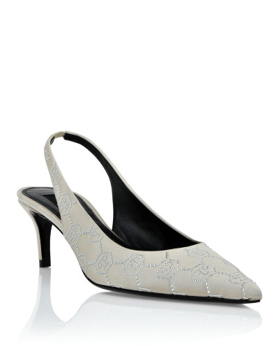 Satin Slingback Shoes Low Heels Monogram Strass