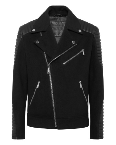 Wool Biker Jacket with Leather Inserts